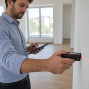 Rilievo rapido con distanziometro laser e tablet durante un sopralluogo tecnico a Ivrea, Torino e Milano