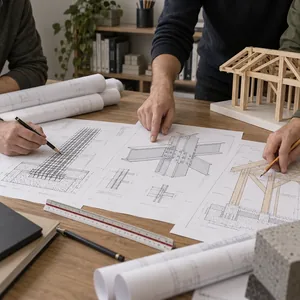 Team di ingegneri e architetti al lavoro sulle tavole di progetto nello studio di ingegneria a Ivrea, Torino e Milano