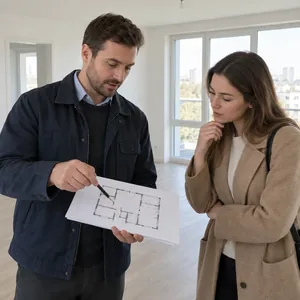 L'ingegnere illustra al cliente la planimetria del progetto durante il sopralluogo